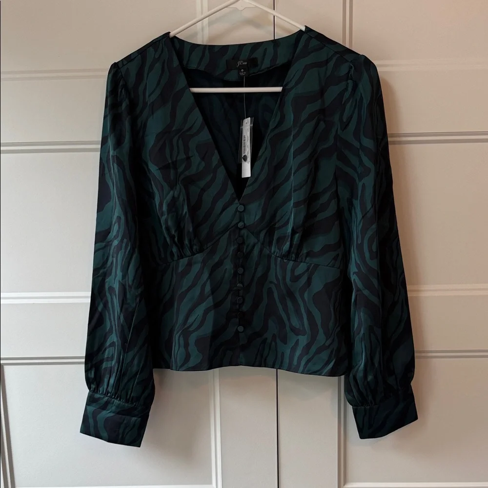 NWT J. Crew Green and Black Zebra Print Blouse